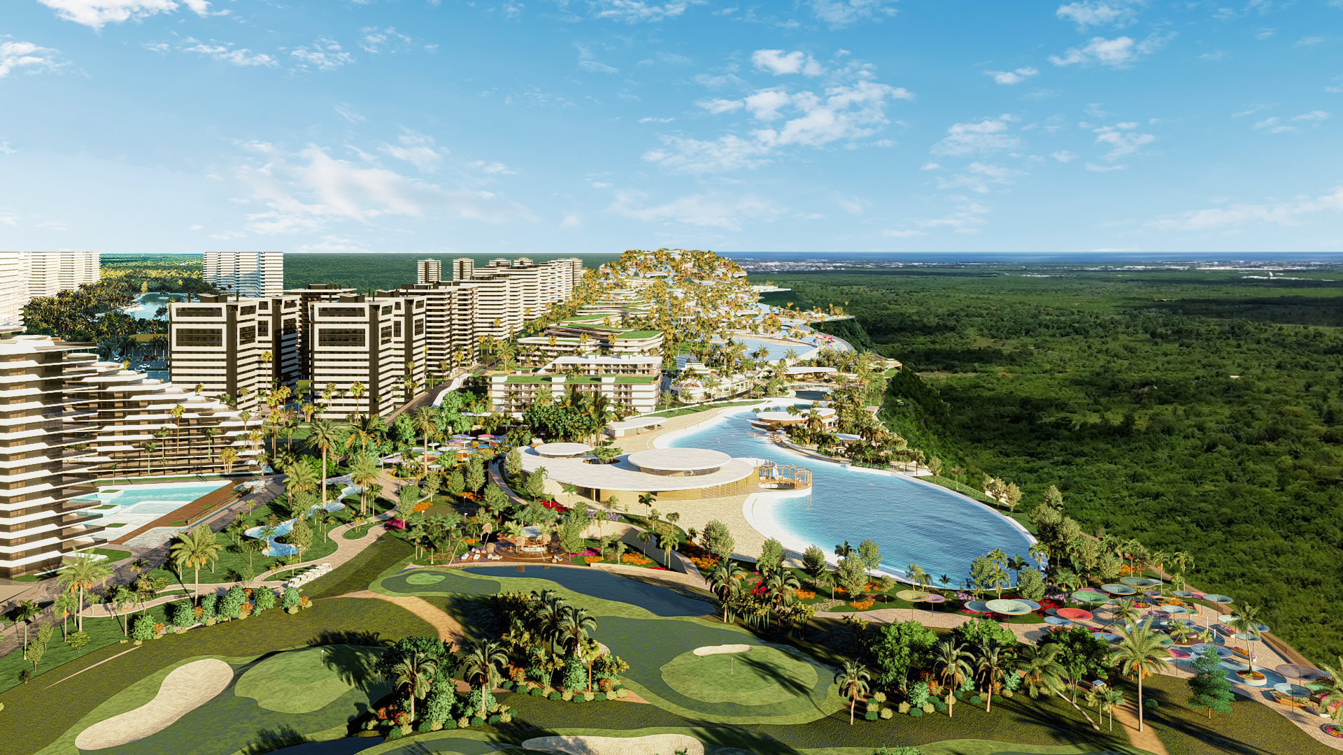 Vista aérea del Farallón de Punta Cana con la Fase I de Larimar City — patrimonio inmobiliario sólido