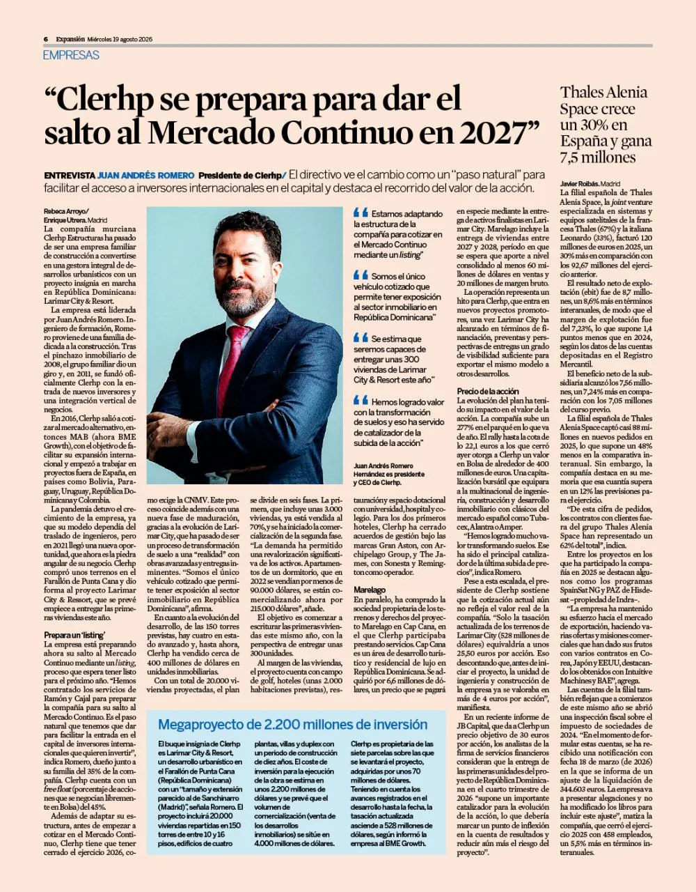 Entrevista a Juan Andrés Romero, presidente de CLERHP, en Expansión sobre el salto al Mercado Continuo en 2027