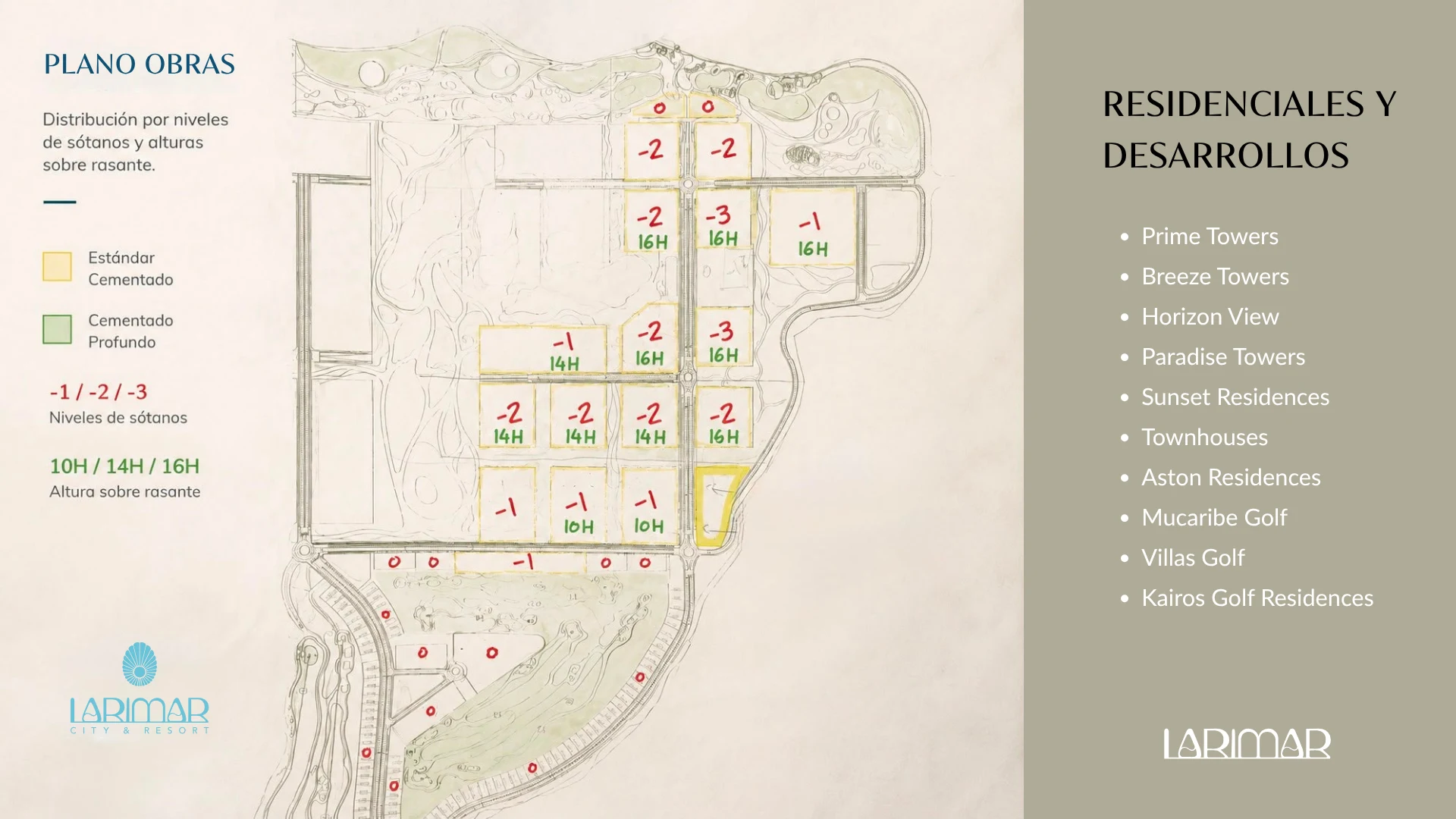 Construction plan for phase 1 of Larimar City & Resort: residential developments, basement levels and heights above ground
