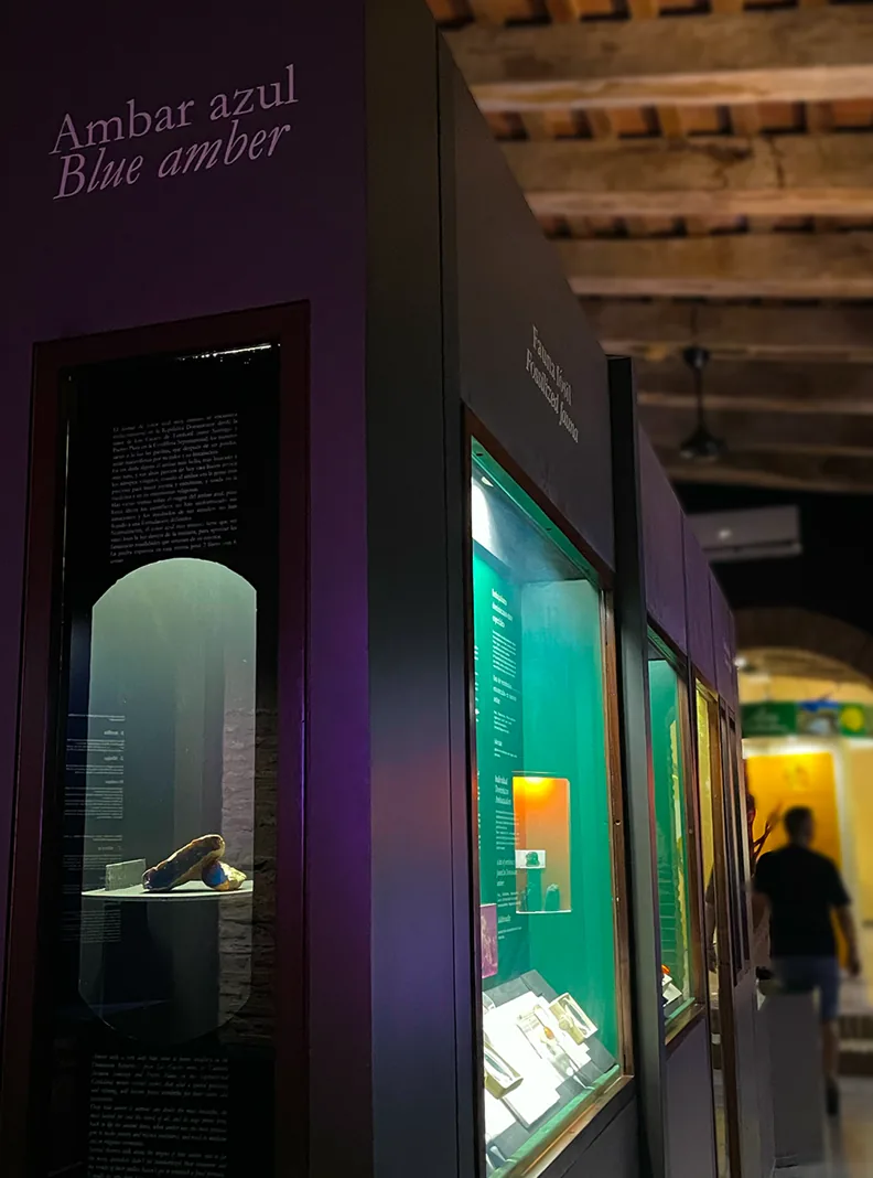 Museum room devoted to blue amber, with lit display cases and explanatory panels