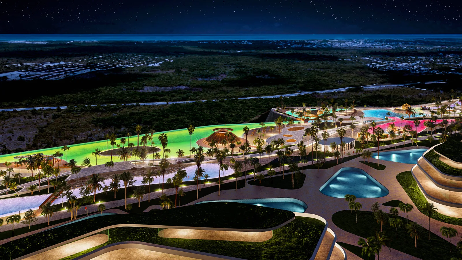 Render nocturno de las lagunas y zonas de ocio de Larimar City en Punta Cana