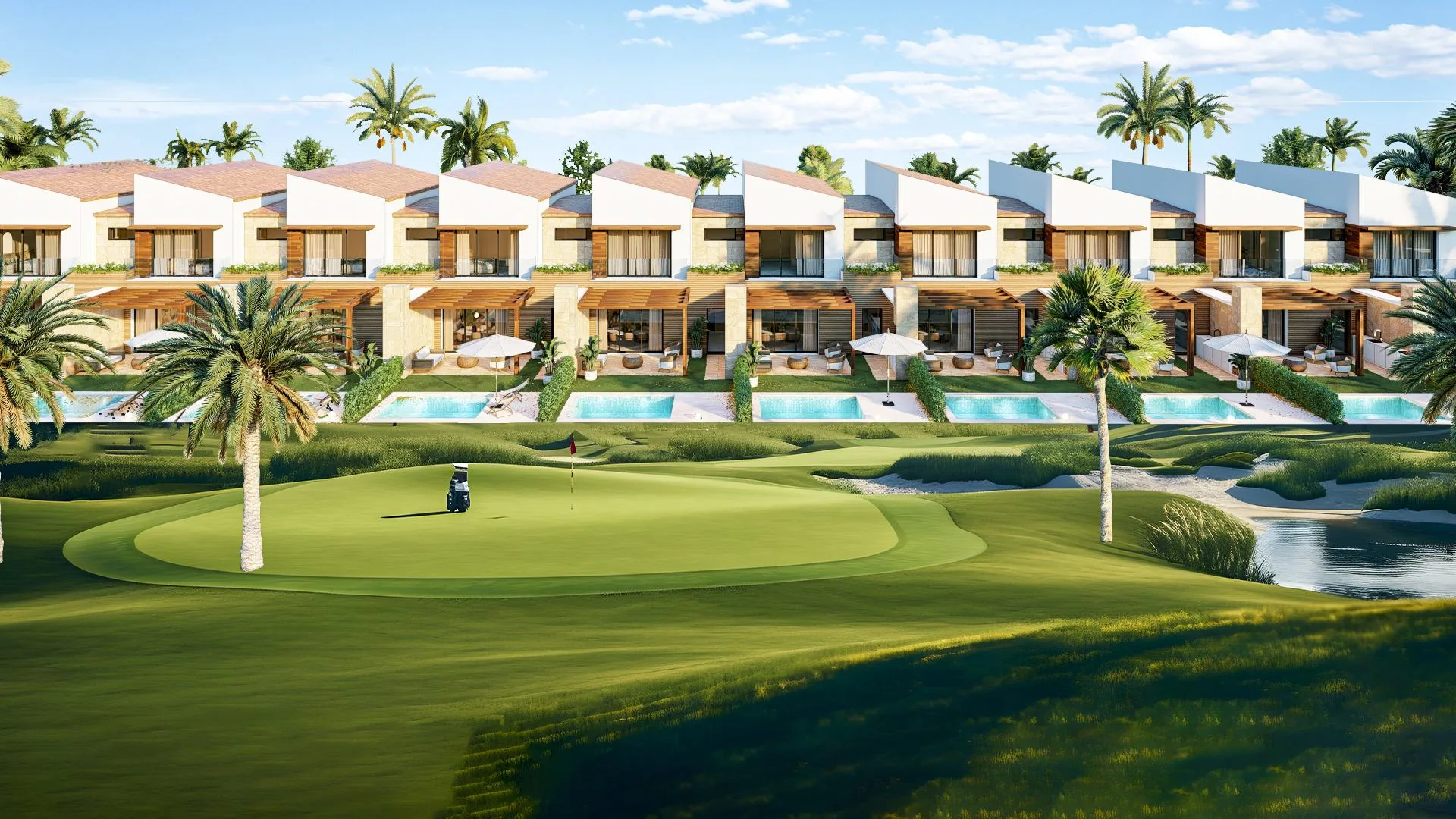 Vista aérea de las townhouses de Larimar City junto al campo de golf