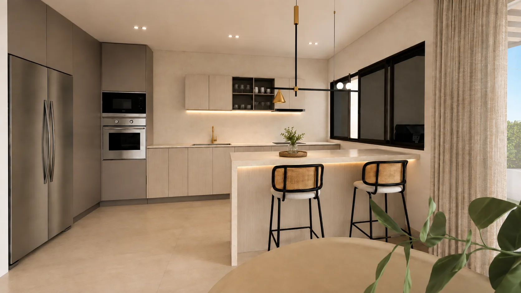 Cocina abierta minimalista con isla y electrodomésticos integrados